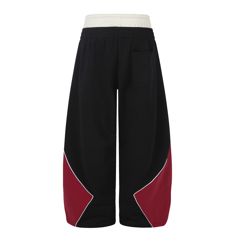 Colorblock Wide-Leg Sweatpants with Eagle Emblem & Faux Double Waistband