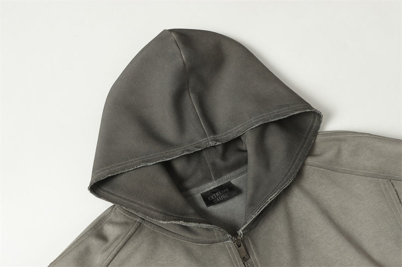 Oversized Zip-Hoodie – Gewaschenes Patchwork-Sweatshirt mit deconstructed Raw-Edge-Look