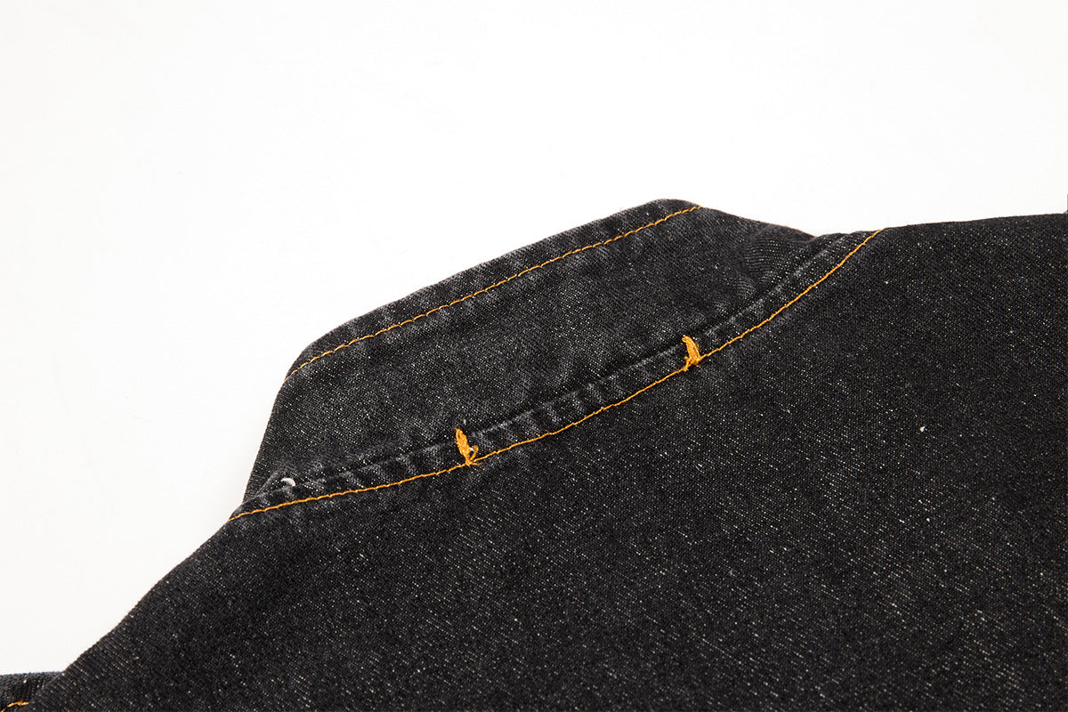Military-Style Washed Denim Jacket – Stand Collar, Double-Breasted Button Detail