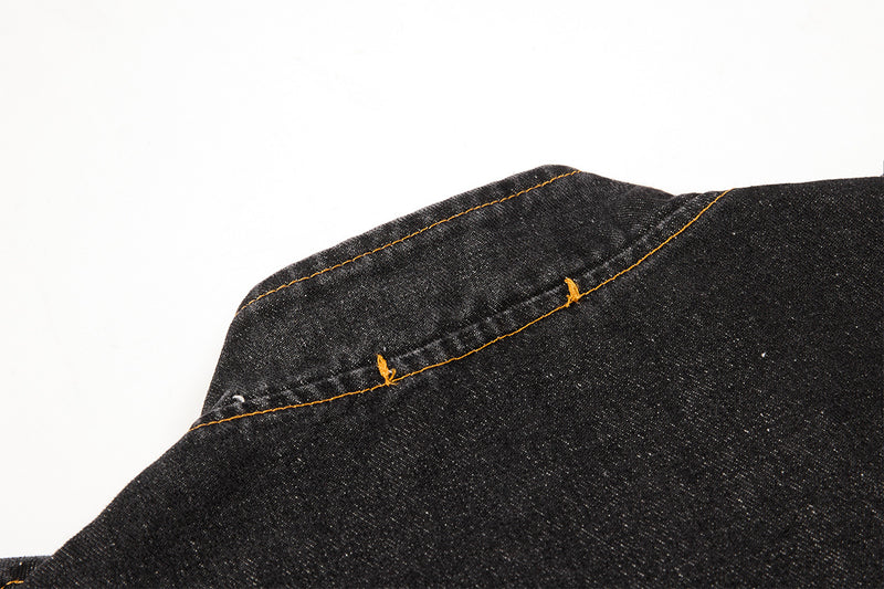 Military-Style Washed Denim Jacket – Stand Collar, Double-Breasted Button Detail