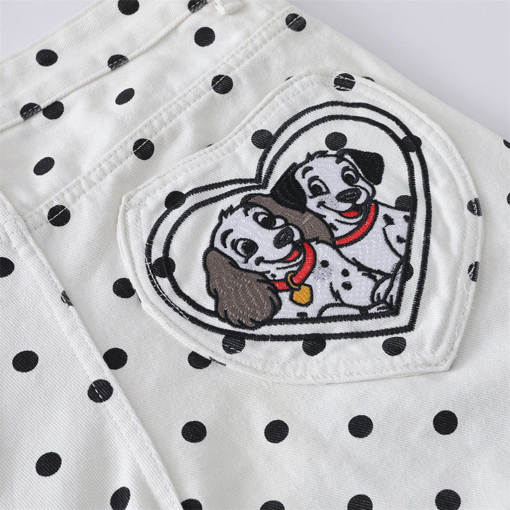 Pantalon baggy wide-leg à pois avec broderies cartoon dalmatien