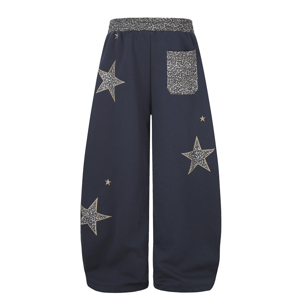 Wide Leg Star Patch Sweatpants with Leopard Print Waistband