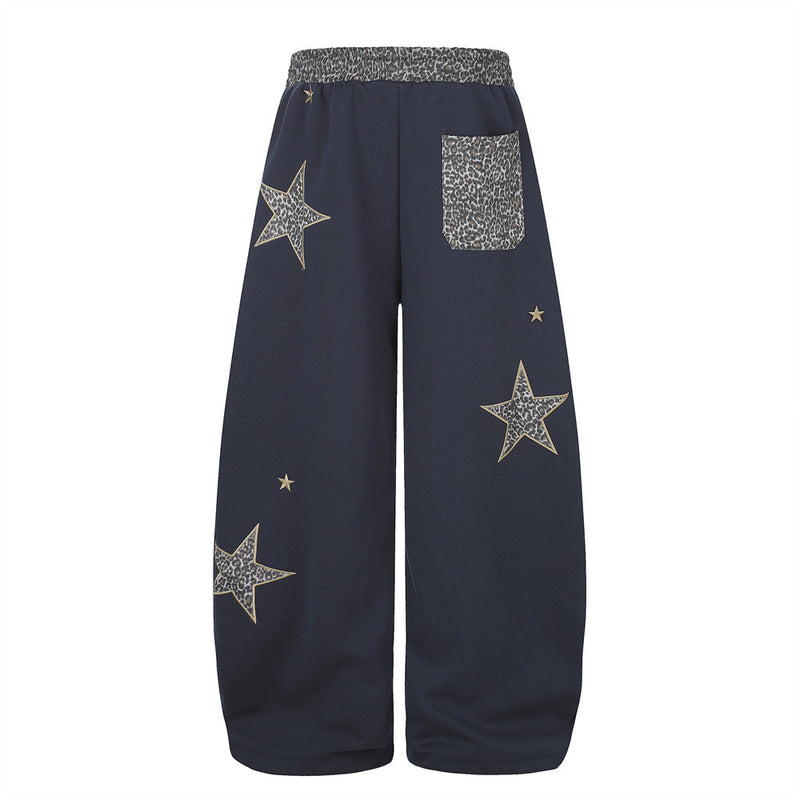 Wide Leg Star Patch Sweatpants with Leopard Print Waistband