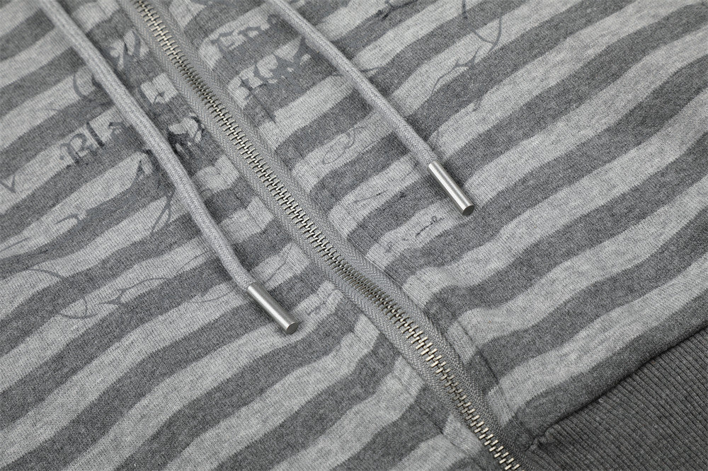 Gray Zip Up Jacket Striped Union Jack Stand Collar Unisex Sweatshirt Coat