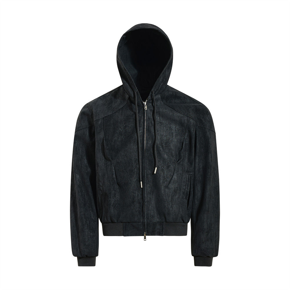 Blouson bomber oversize à capuche, fermeture zippée à double curseur et tissu texturé noir, vue de face