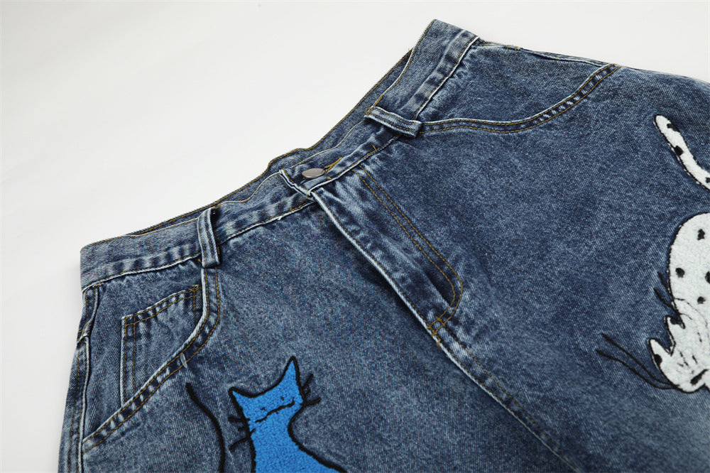 Cartoon Cat Embroidered Denim Shorts – Men's Wide Leg Vintage Washed Jean Shorts