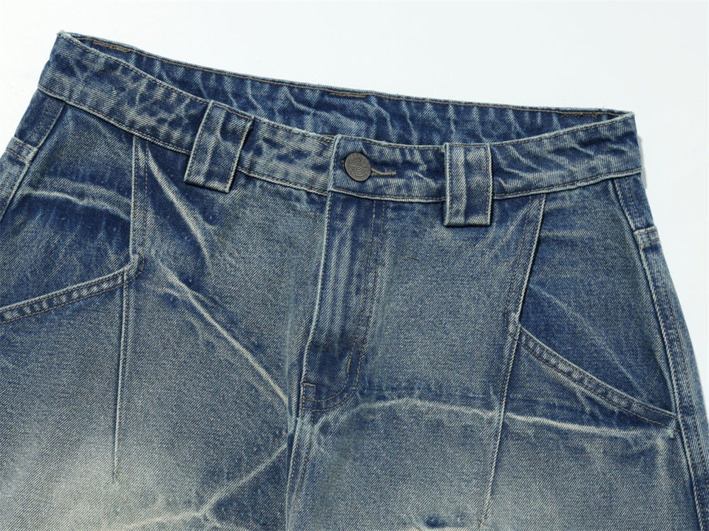 Loose Fit Baggy Jeans Men – Distressed Patchwork Wide-Leg Denim with Raw-Edge