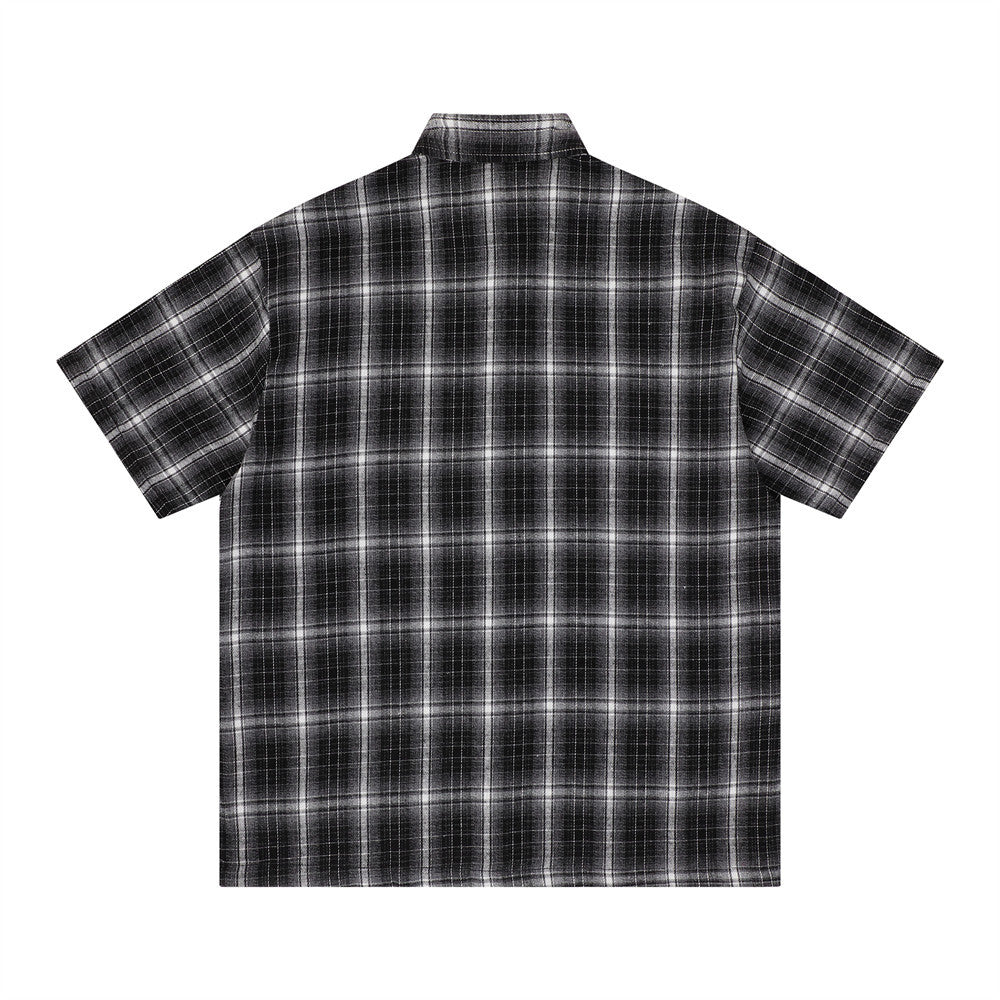 Oversized Plaid Short Sleeve Shirt with Embroidered Script Graphic