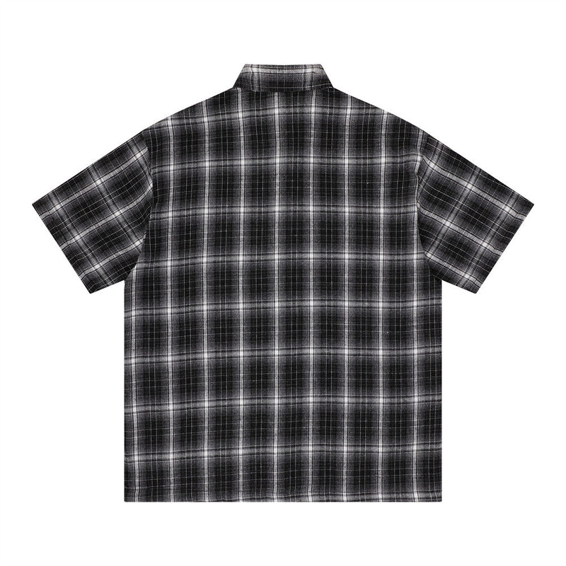 Oversized Plaid Short Sleeve Shirt with Embroidered Script Graphic