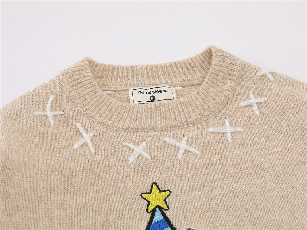 Cartoon Sheep Embroidered Crew Neck Pullover Sweater – Oversized Knit with
