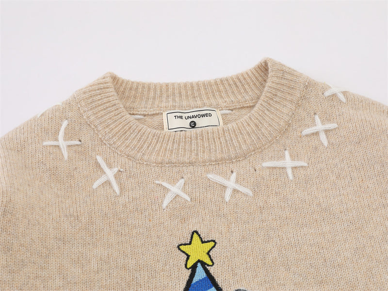 Cartoon Sheep Embroidered Crew Neck Pullover Sweater – Oversized Knit with