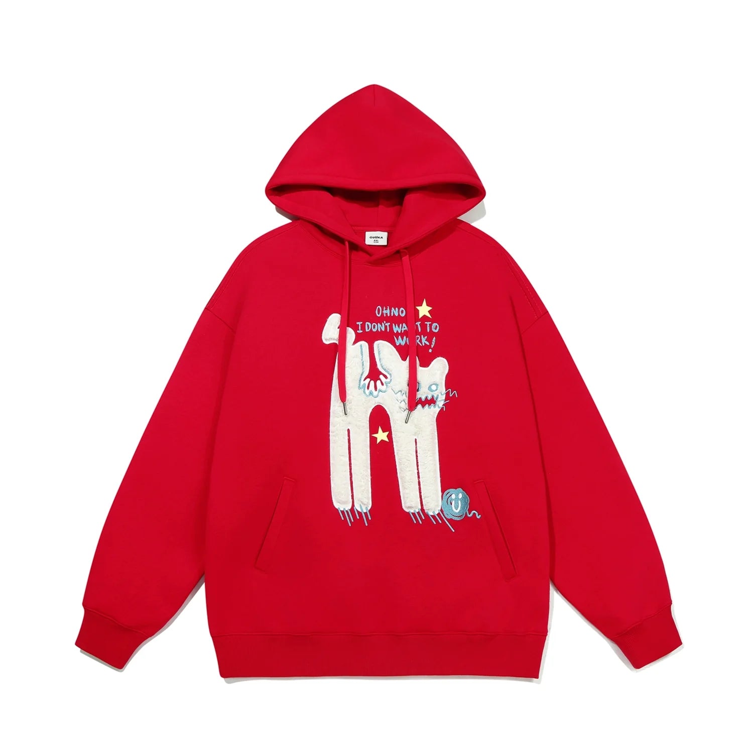 Seakoff's "Oh No! I Don’t Want to Work!" oversized hoodie features a playful design with abstract figures and a lazy cat, accented by stars. It uses red as the base with blue and white details, complete with text that reads "OHHO I DON'T WANT TO." Ideal for casual streetwear.