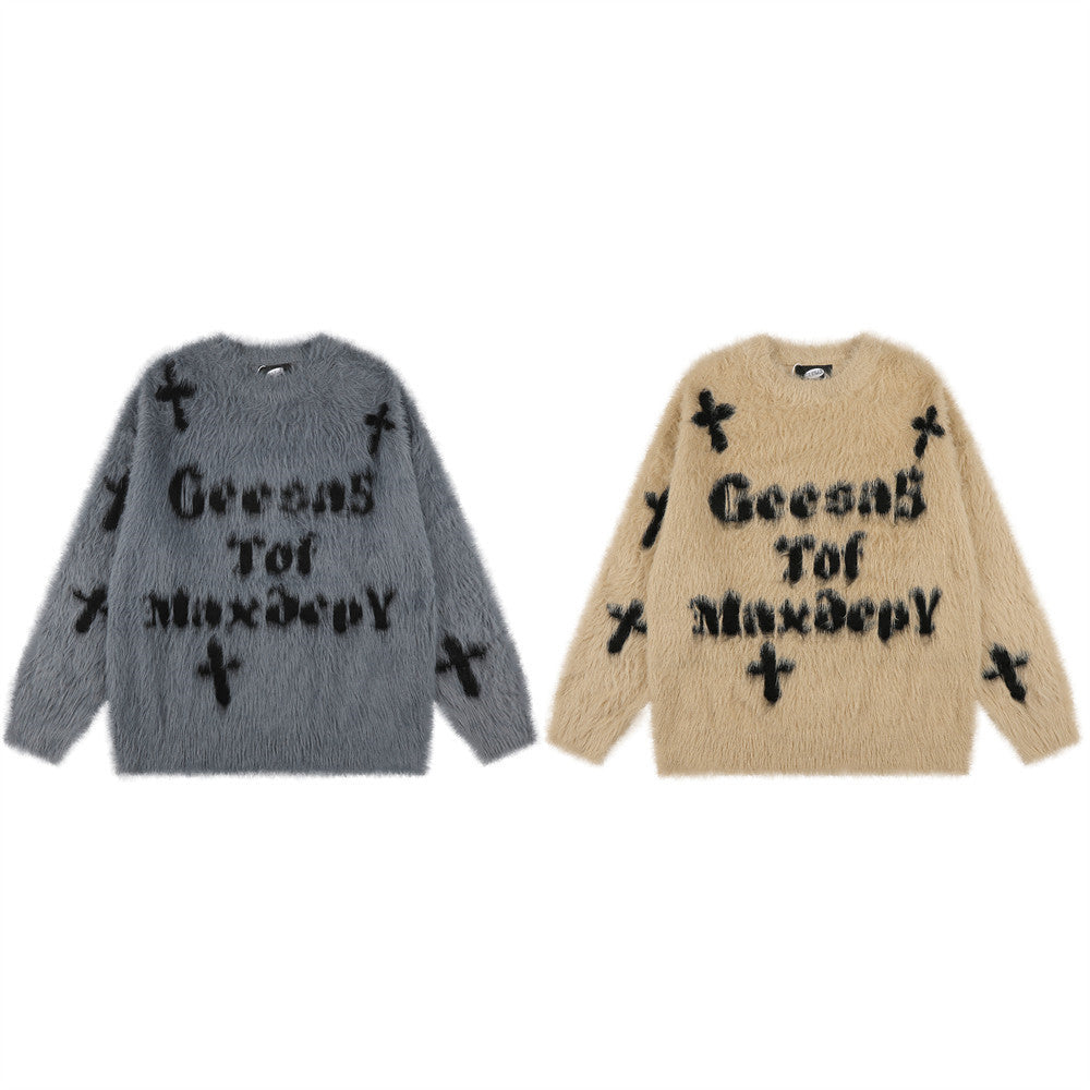 Pull homme oversize en maille jacquard croix duveteuse – Pull gothique à col rond