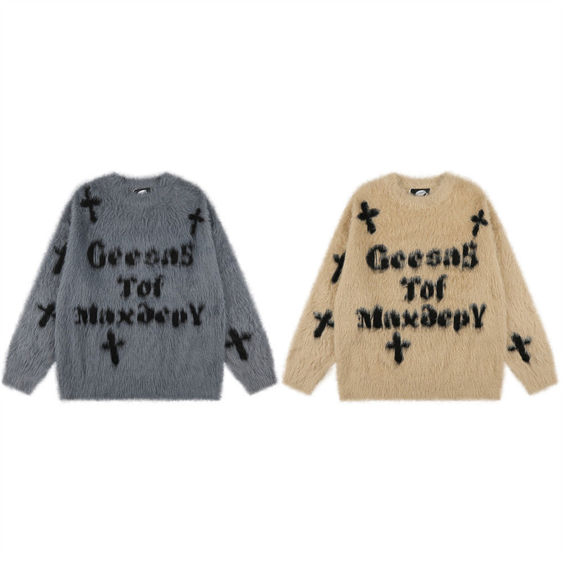 Pull homme oversize en maille jacquard croix duveteuse – Pull gothique à col rond