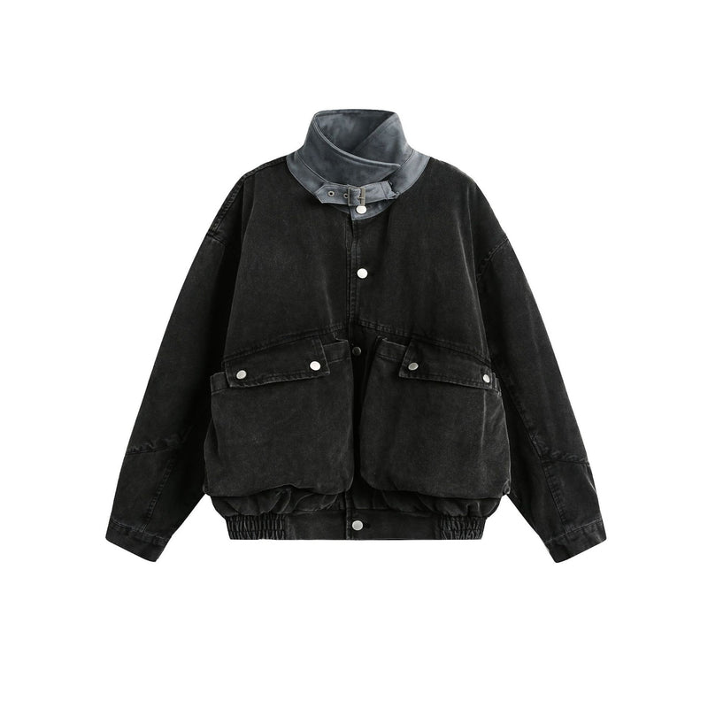 Blouson bomber homme en toile canvas délavée avec grandes poches cargo et col à boucle