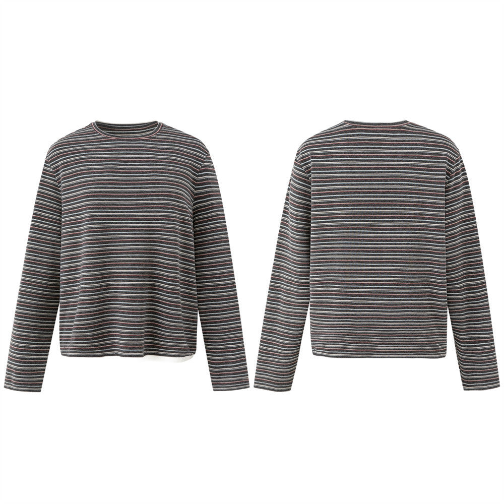 Loose Long Sleeve Striped Shirt – Faux Two-Piece Crewneck Top