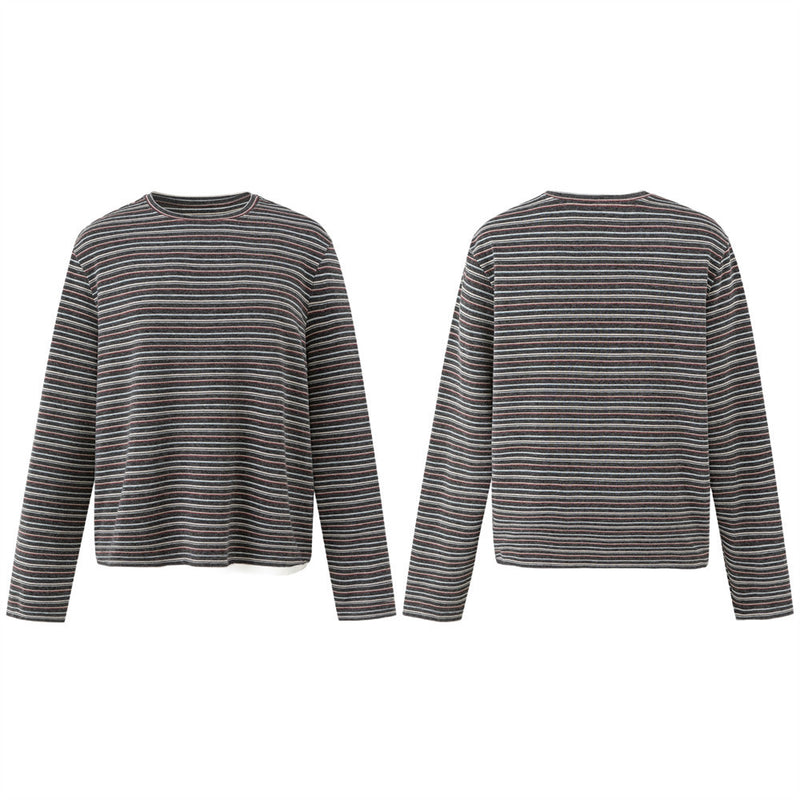 Loose Long Sleeve Striped Shirt – Faux Two-Piece Crewneck Top