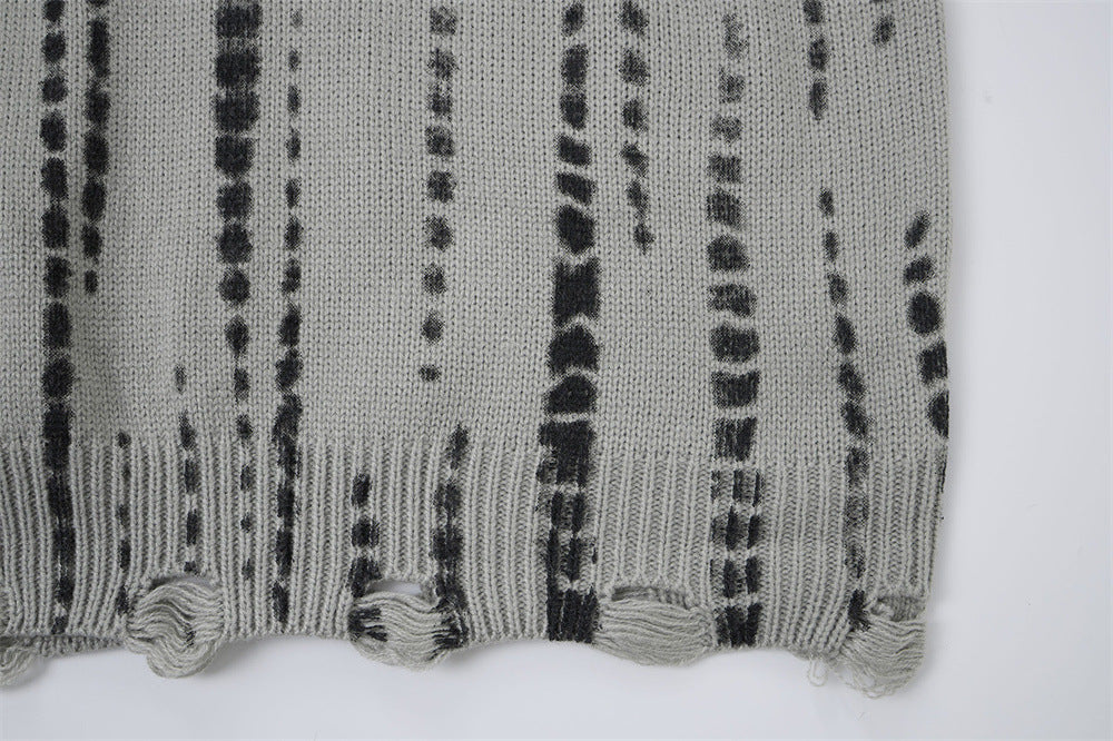 Tie-Dye Stripe Distressed Knit Pullover Sweater – Oversized Crew Neck