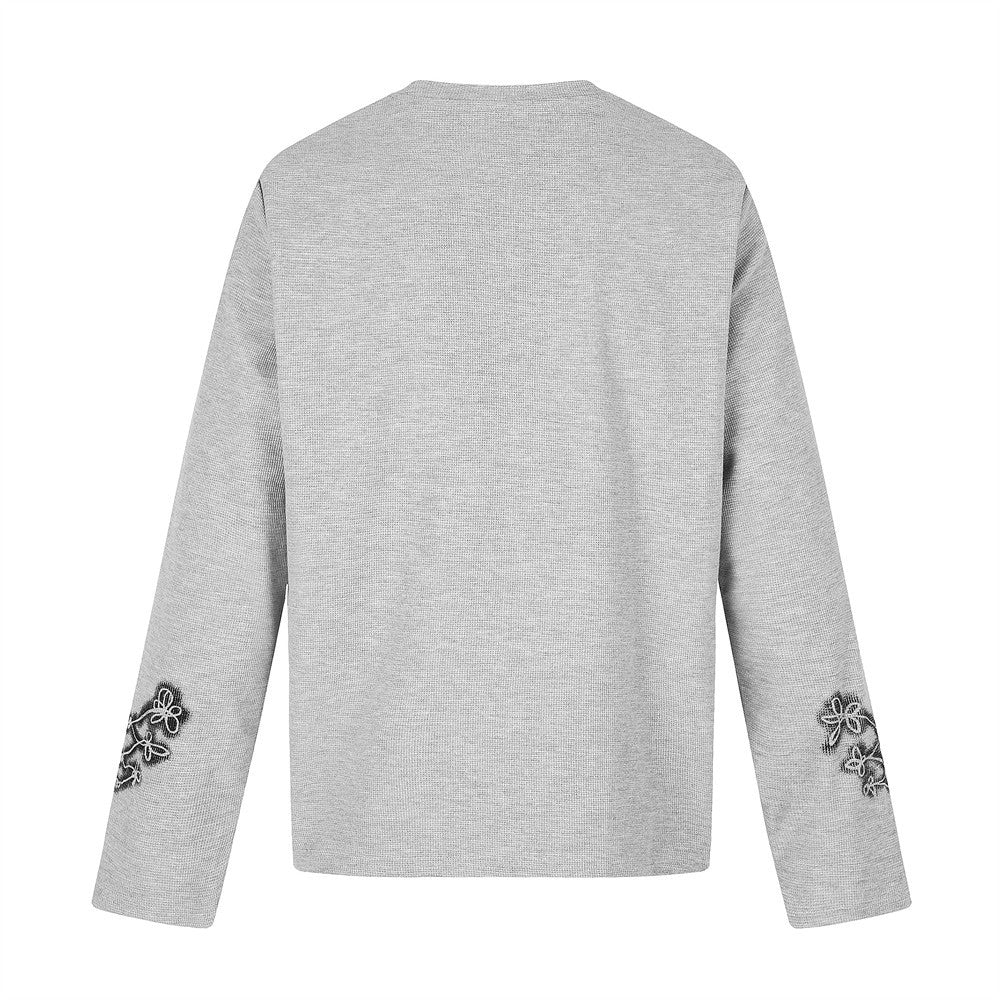 Gray long sleeve crew neck tee back view with plain solid back and sleeve graphic details