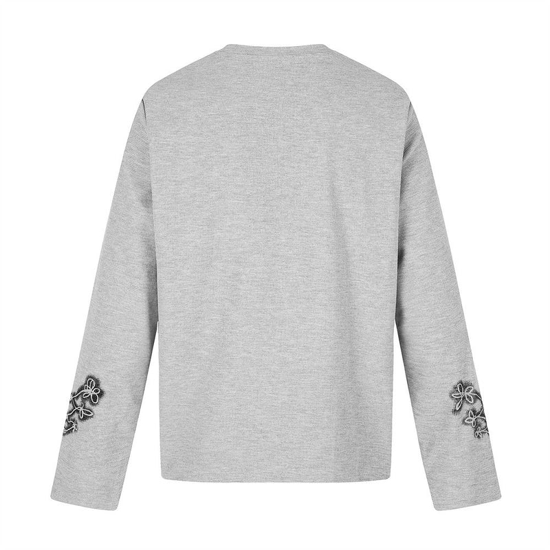 Gray long sleeve crew neck tee back view with plain solid back and sleeve graphic details