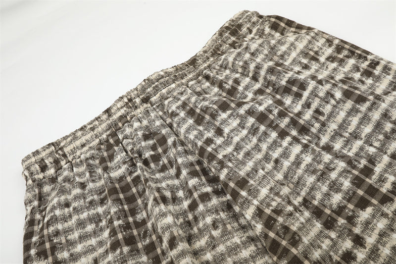 Brown Plaid Wide-Leg Pants – Distressed Tie-Dye Vintage Loose Straight Trousers