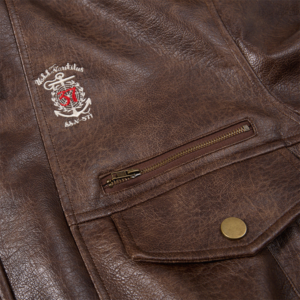 Vintage-Bomberjacke aus PU-Leder für Herren – Braun, Used-Look, mehrere Taschen, Moto-Stil