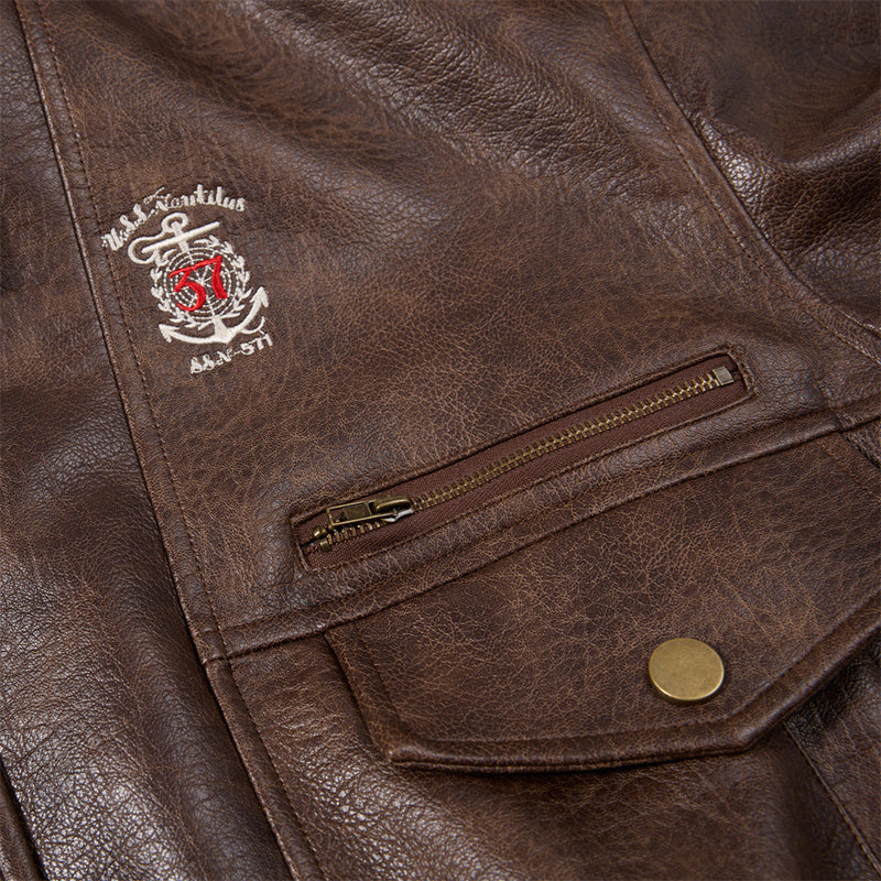 Vintage-Bomberjacke aus PU-Leder für Herren – Braun, Used-Look, mehrere Taschen, Moto-Stil