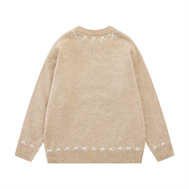 Cartoon Sheep Embroidered Crew Neck Pullover Sweater – Oversized Knit with