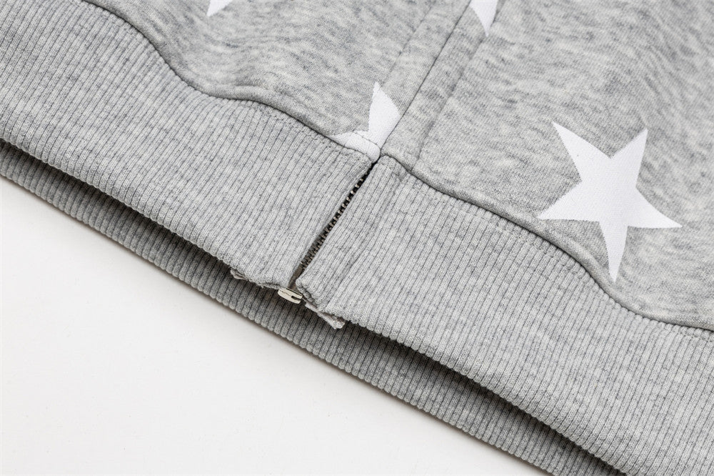 Star Print Zip-Up Hoodie with Striped Raglan Sleeves – Oversized Streetwear