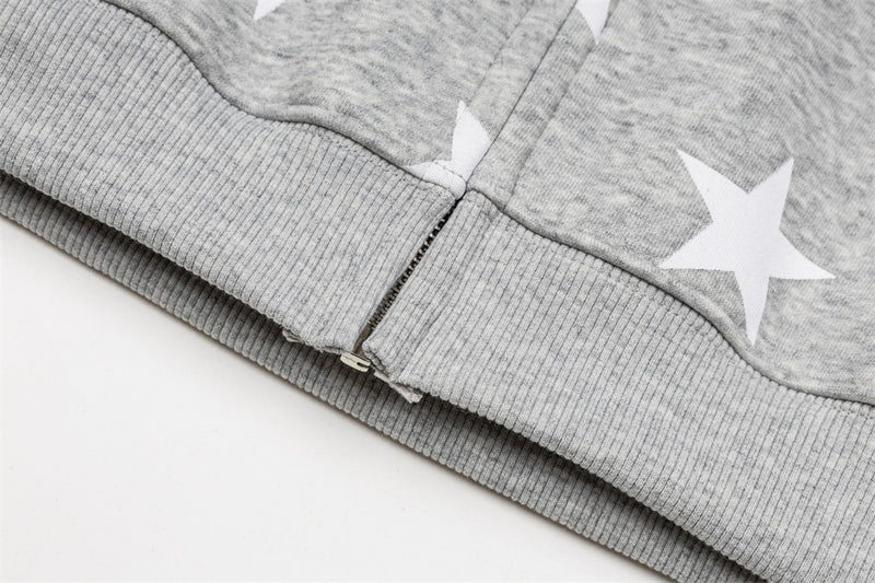 Star Print Zip-Up Hoodie with Striped Raglan Sleeves – Oversized Streetwear