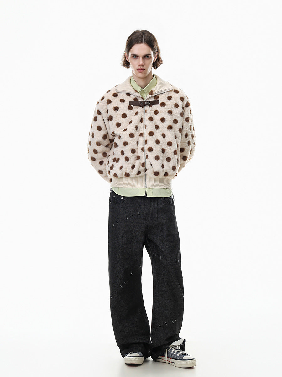 Full-body front view of a cream faux shearling bomber jacket with brown polka dots on a model