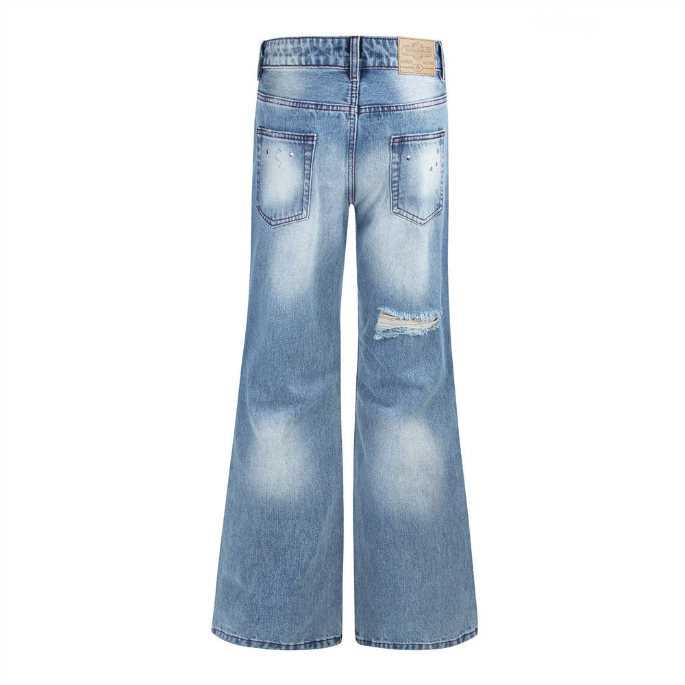 Men's Distressed Flare Jeans – Light Wash Wide-Leg Denim with Ripped Knees &