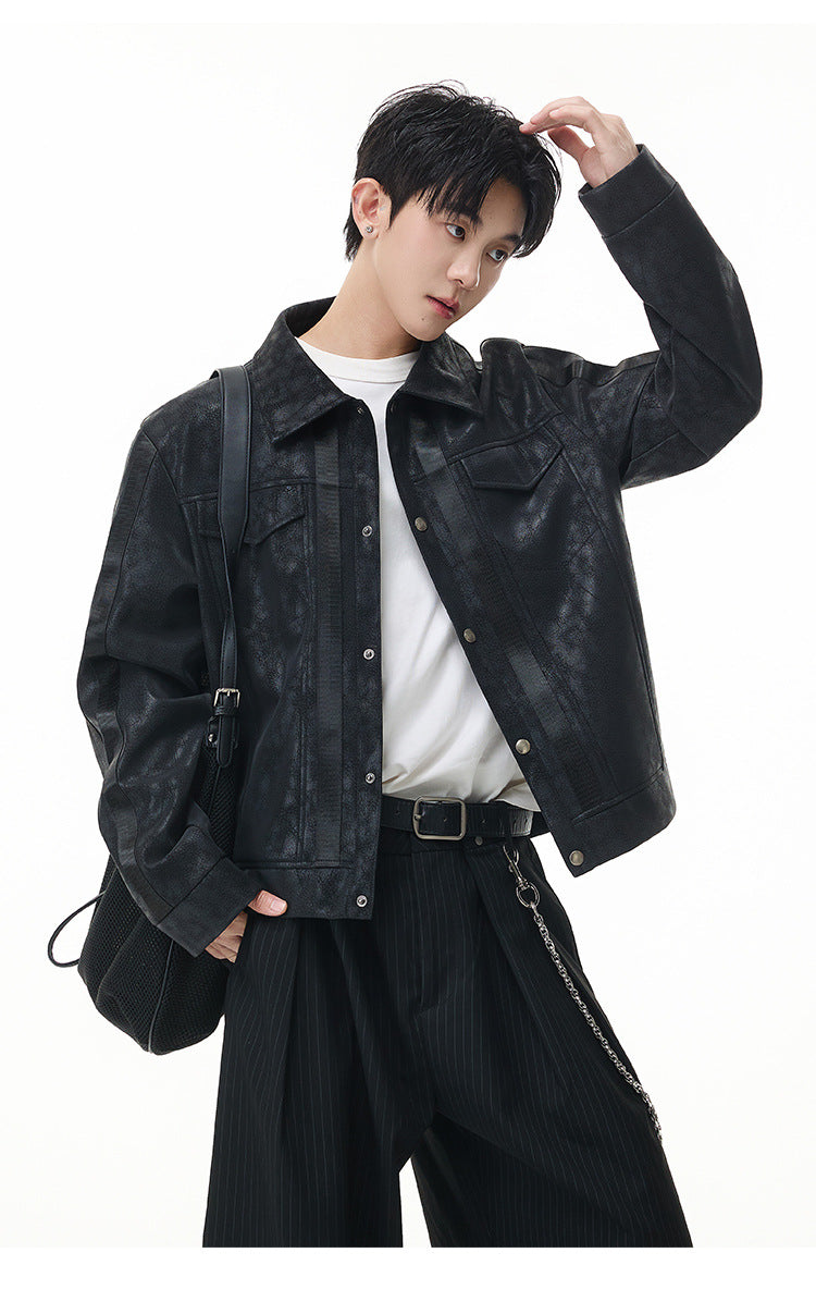 Veste trucker noire en similicuir PU – Style punk streetwear et moto