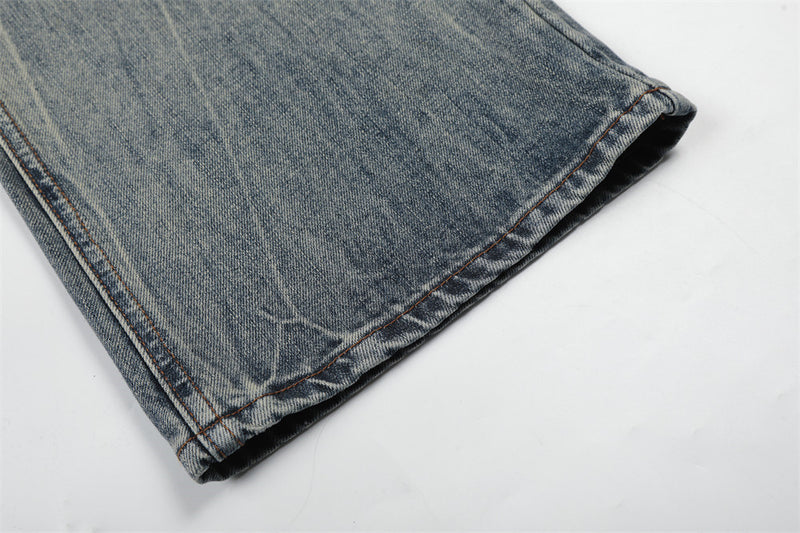 Vintage Washed Wide-Leg Flare Jeans – Distressed Faded Denim with Crease Detail