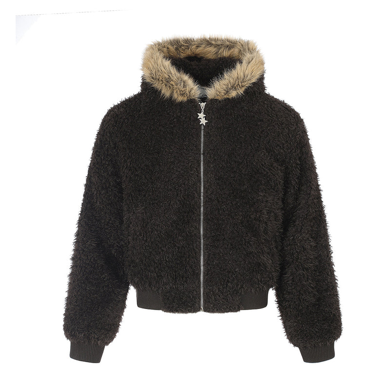 Veste bomber sherpa à capuche moelleuse avec bordure en fausse fourrure