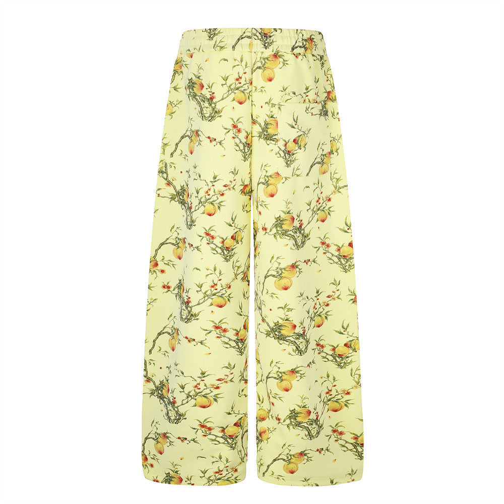 Wide-Leg Pants – All-Over Peach Blossom Branch Print, Relaxed Straight Fit