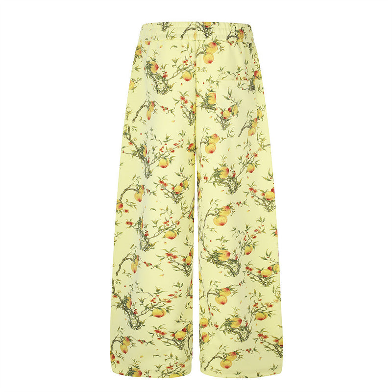 Wide-Leg Pants – All-Over Peach Blossom Branch Print, Relaxed Straight Fit