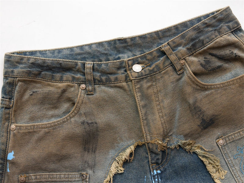 Baggy Jeans with Paint Splatter Patchwork & Distressed Raw-Edge Detail