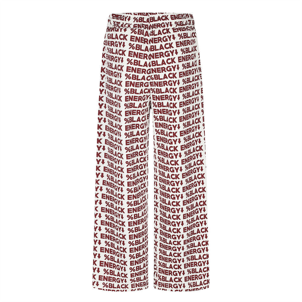 White printed wide-leg sweatpants with red BLACK ENERGY lettering, back view
