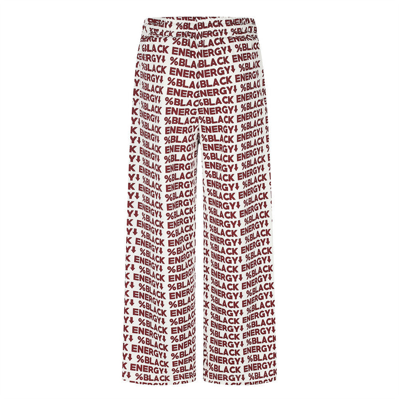 White printed wide-leg sweatpants with red BLACK ENERGY lettering, back view