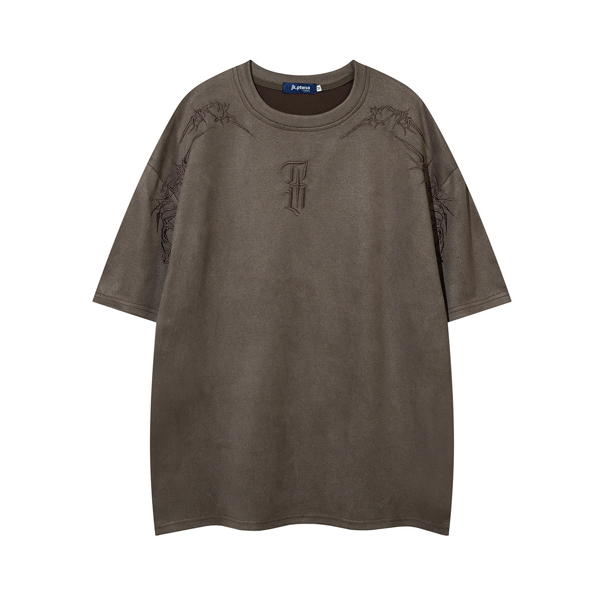 Men's Oversized Suede-Finish Thorn Embroidery Short Sleeve T-Shirt