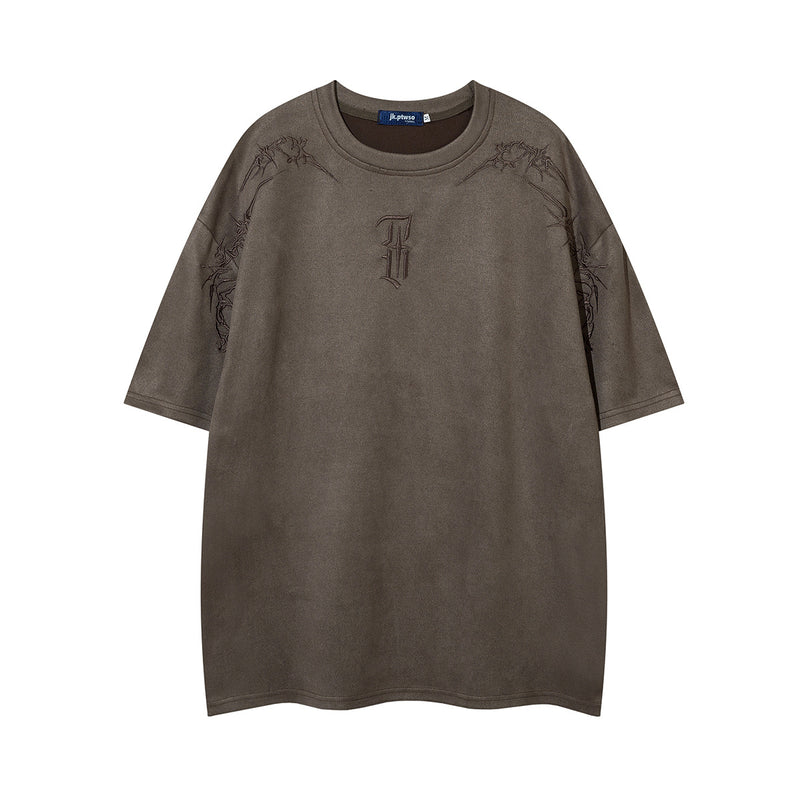 Men's Oversized Suede-Finish Thorn Embroidery Short Sleeve T-Shirt