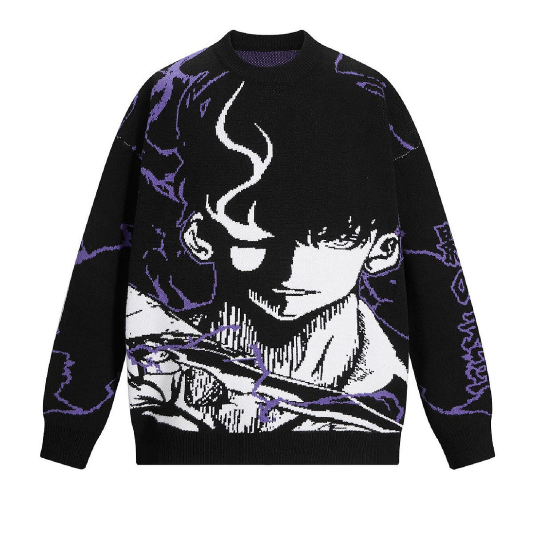 The Solo Leveling Premium sweater showcases a jacquard design inspired by Sung Jin-Woo as the Shadow Monarch, with bold black and white lines, purple accents, and an intense expression partially shadowed over one eye.