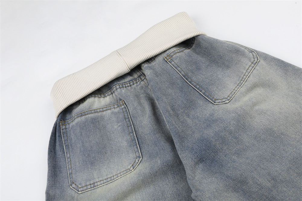 Vaqueros cargo de pierna ancha para hombre: denim lavado con cintura de punto y bolsillos laterales
