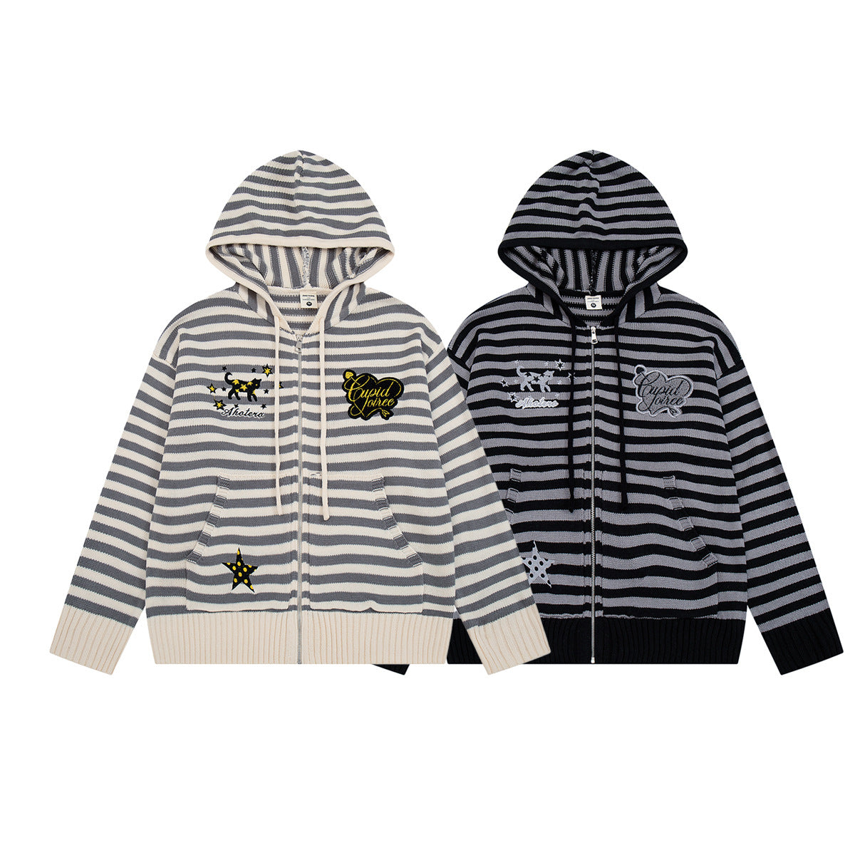 Y2K-Kapuzenjacke mit Reißverschluss – gestreifte Strickjacke mit Katzen- und Sternenstickerei