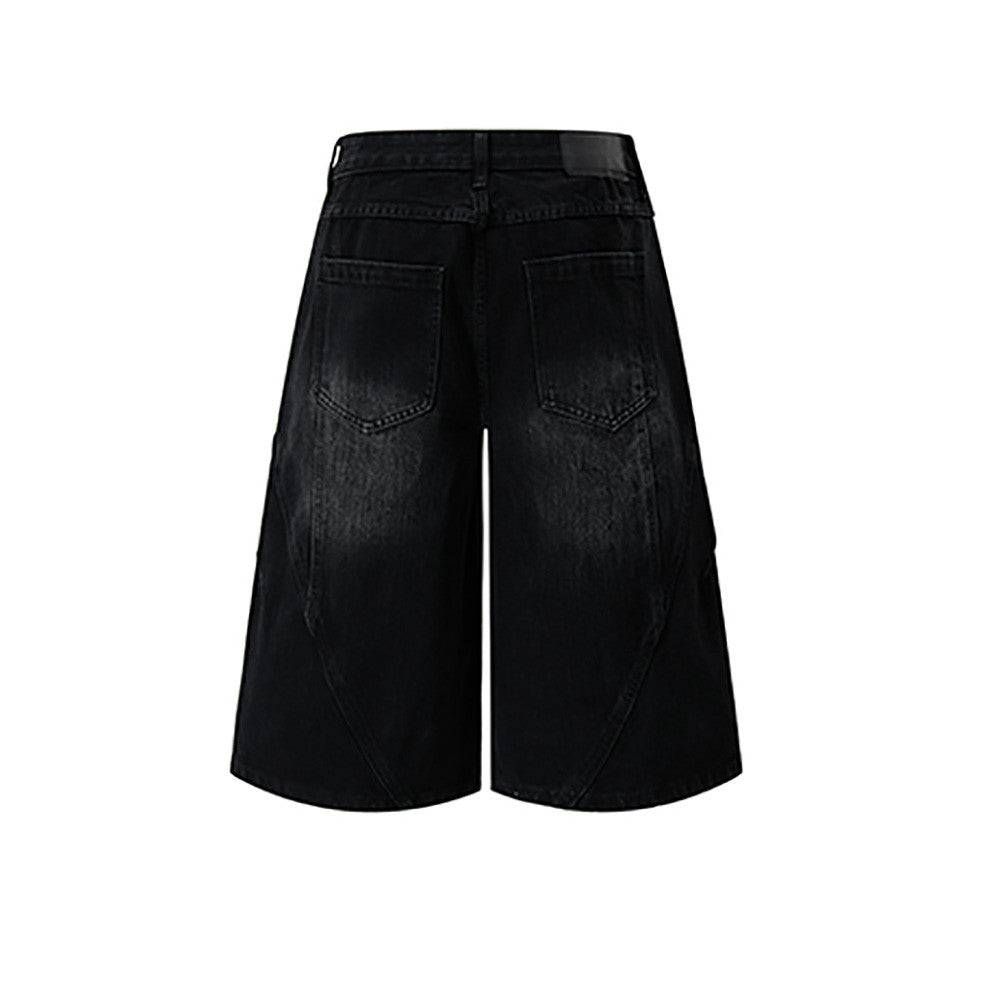 Black wide-leg denim shorts with back pockets, distressed fade and five-point cut