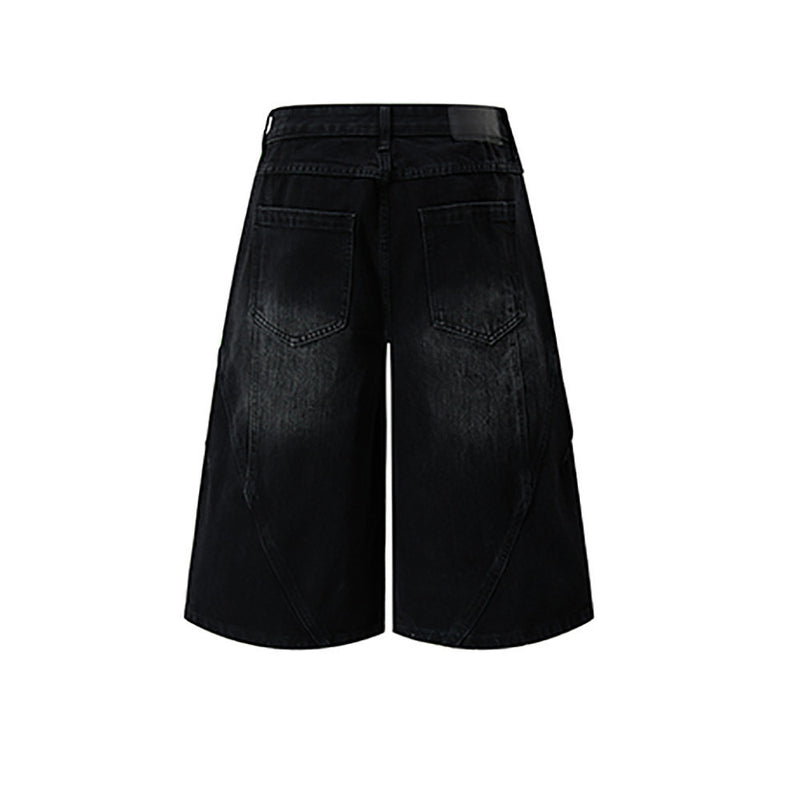 Black wide-leg denim shorts with back pockets, distressed fade and five-point cut