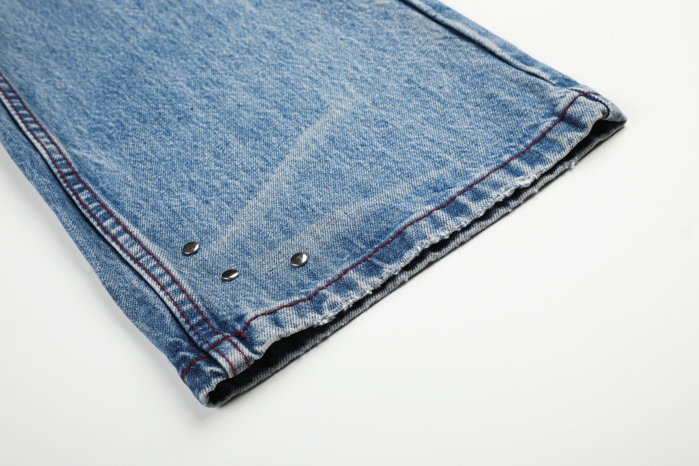Gradient Washed Distressed Wide-Leg Jeans with Rhinestone Studs