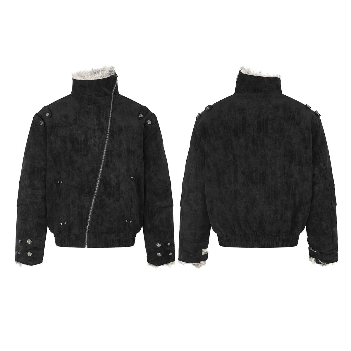 Schwarze Bomberjacke mit Wildlederoptik, Kunstpelzkragen und Wattierung im Biker-Stil