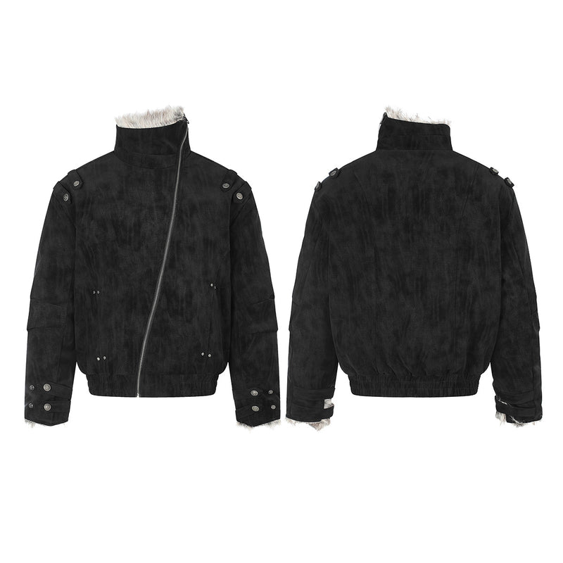 Schwarze Bomberjacke mit Wildlederoptik, Kunstpelzkragen und Wattierung im Biker-Stil